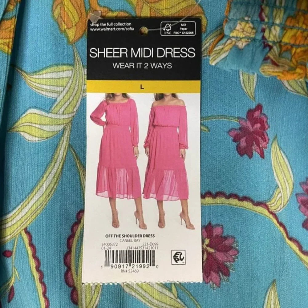 NWT Sofia Vergara 2-Way Off Shoulder Midi Dress Caneel Bay L Smocked